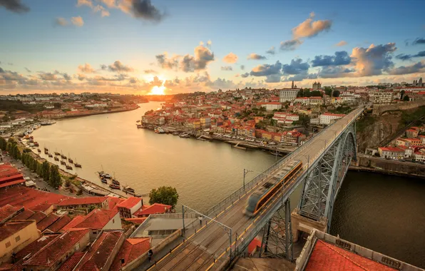 Небо, пейзаж, мост, огни, река, дома, панорама, Португалия