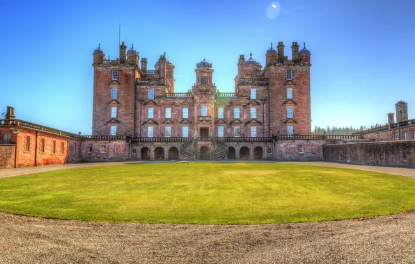 Картинка небо, солнце, замок, газон, HDR, Великобритания, Drumlanrig Castle