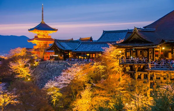 Пейзаж, горы, природа, весна, вечер, Япония, сакура, освещение