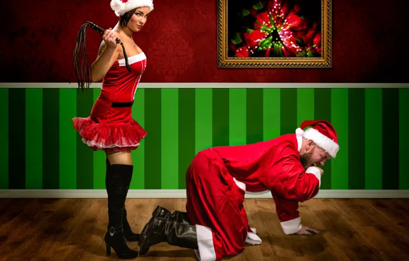 Картинка девушка, мужик, ситуация, картина, Санта Клаус, наказание, плётка, Helena Kesti