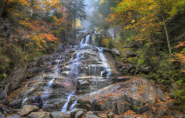 Картинка осень, лес, деревья, горы, река, камни, скалы, водопад