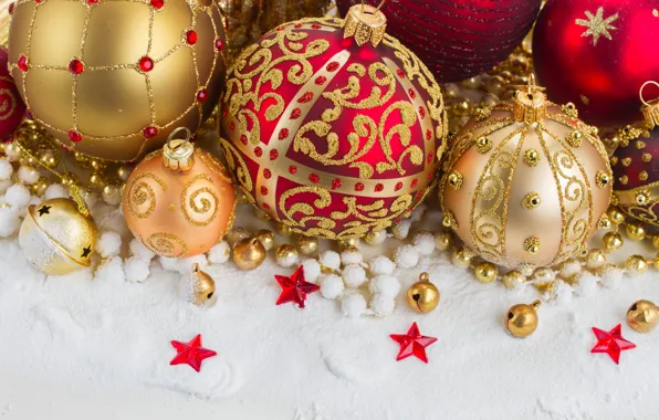 Картинка снег, украшения, шары, Новый Год, Рождество, Christmas, balls, decoration