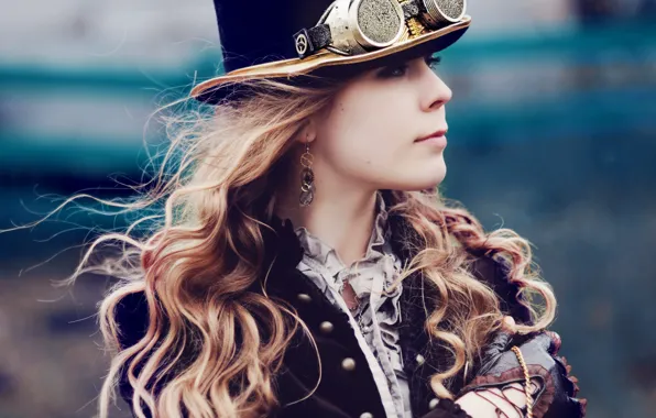 Девушка, волосы, шляпа, серьги, цилиндр, Стимпанк, викторианская эпоха, гогглы