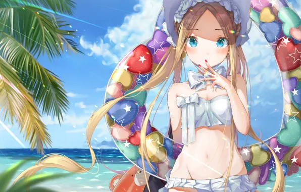 Girl, sexy, cleavage, beach, long hair, sea, boobs, anime