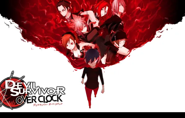 Пламя, рыжая, красные глаза, друзья, art, suzuhito yasuda, devil survivor, yamato houtsuin