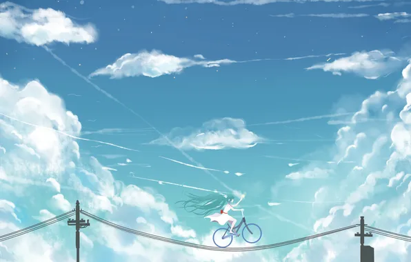 Картинка небо, девушка, облака, велосипед, столбы, провода, аниме, арт