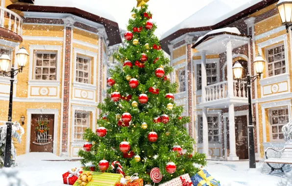 Картинка winter, snow, merry christmas, decoration, christmas tree, holiday celebration