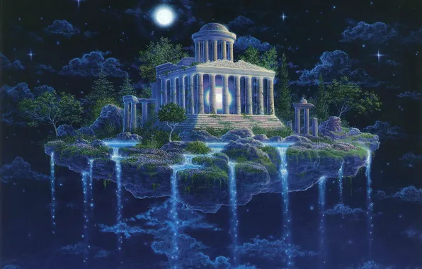 Картинка небо, ночь, остров, водопад, звёзды, Moon Temple, GILBERT WILLIAMS