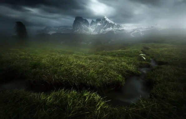 Картинка трава, горы, тучи, ручей, Альпы