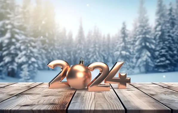 Зима, снег, елки, Новый Год, Рождество, цифры, golden, new year