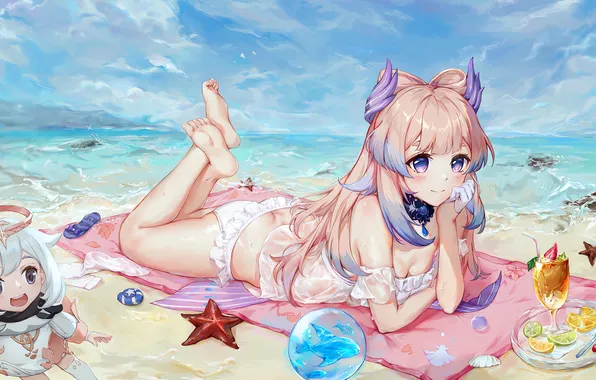Girl, sexy, ass, wet, cleavage, beach, pink hair, sky