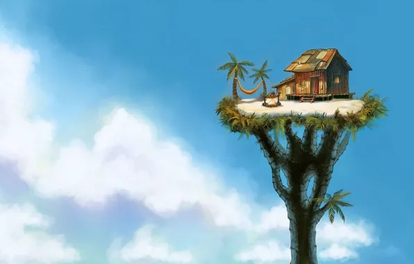 Картинка облака, дом, пальма, дерево, высота, костер, арт, гамак