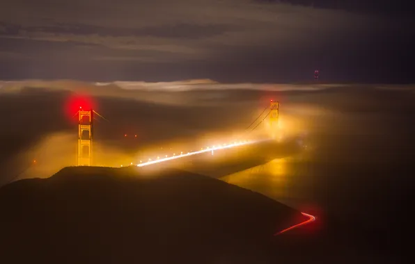 Ночь, огни, туман, Сан-Франциско, США, мост Золотые ворота