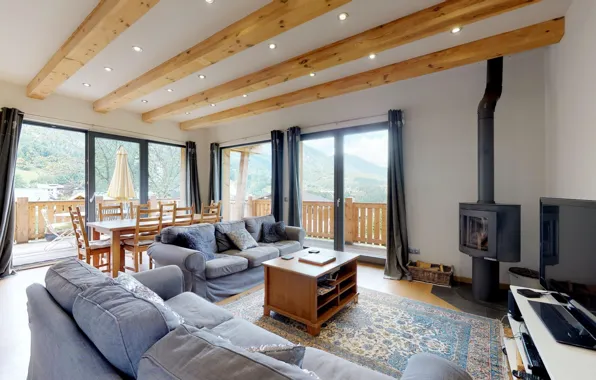 Интерьер, камин, гостиная, столовая, chalet, Les Houches centre