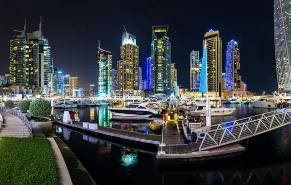 Ночь, город, небоскреб, панорама, Дубай, Dubai, Panorama
