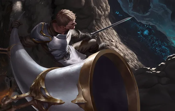 Река, меч, каньон, парень, рыцарь, крабы, рог, Legends of Runeterra