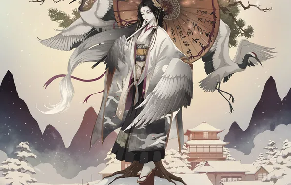 Картинка long hair, anime, wings, winter, mountains, snow, kimono, anime girls