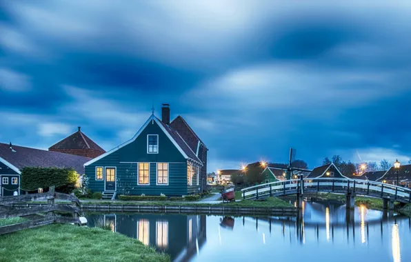 Картинка ночь, фонари, Нидерланды, Голландия, музей под открытым небом, Zaanse Schans, Занстад, Zaandam