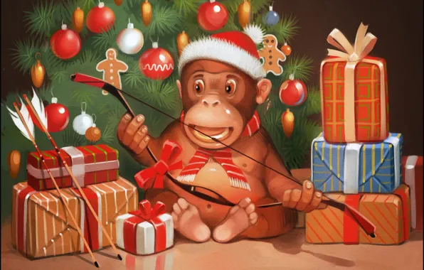 Картинка настроение, праздник, подарок, елка, новый год, рождество, лук, обезьяна