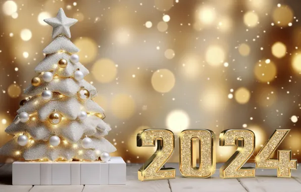 Шары, елка, Новый Год, Рождество, цифры, golden, new year, happy