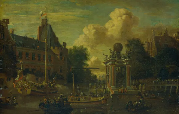 Картинка масло, картина, Абрахам Сторк, холст на панели, Abraham Storck, 1708, Визит московского посольства в Амстердам