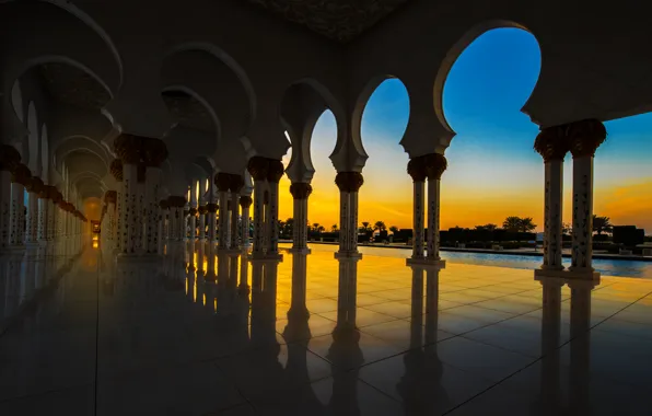 Закат, тень, колонны, ОАЭ, Абу-Даби, Sheikh Zayed Mosque, Мечеть Шейха Заида
