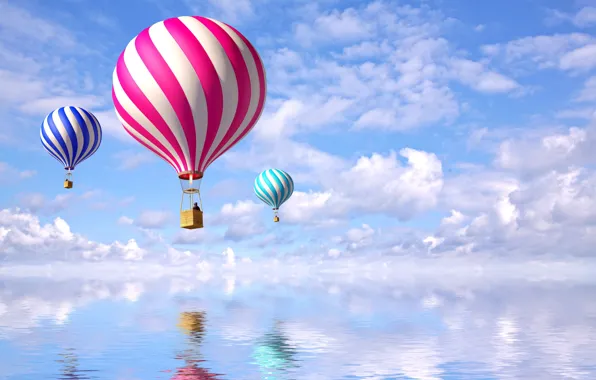Картинка небо, вода, отражение, шары, голубое, красота, воздушные, Air-Balloons