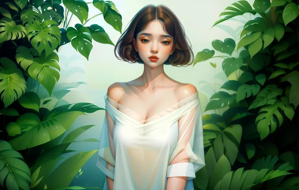 Картинка girl, leaves, asian, art
