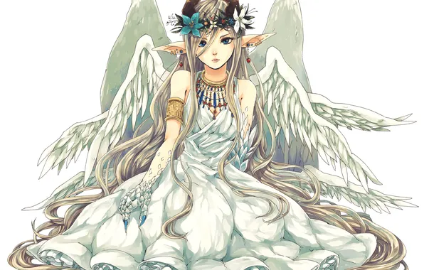 Картинка девушка, цветы, эльф, крылья, аниме, арт, рога, венок