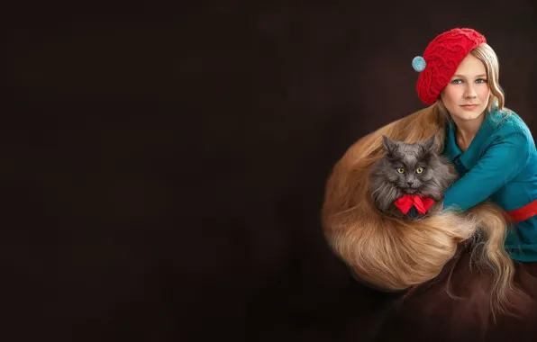 Кошка, кот, взгляд, девушка, красный, темный фон, серый, волосы