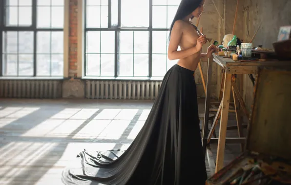 Девушка, комната, модель, юбка, брюнетка, light, sunshine, sexy
