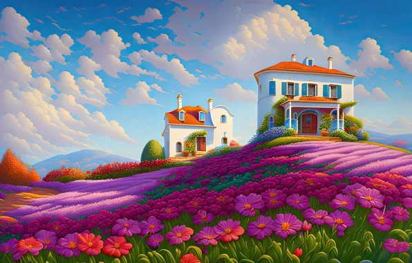 Пейзаж, цветы, дома, холм, арт
