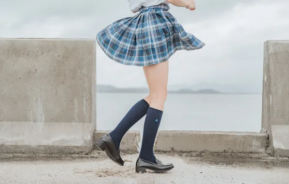 Legs, Model, Water, Woman, Skirt, Uniform, Close Up, Pier