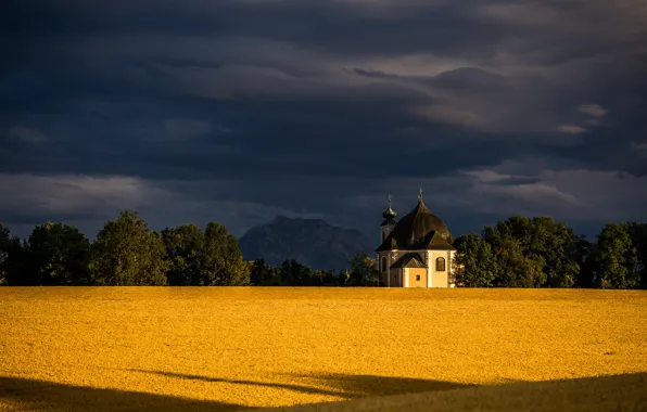 Поле, облака, деревья, гора, Австрия, часовня, Austria, Lower Austria