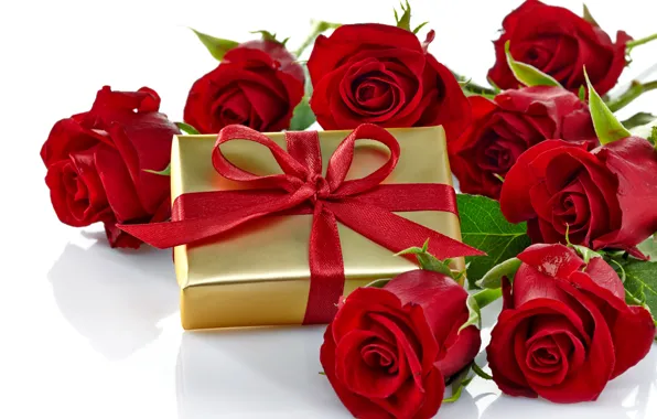 Картинка коробка, подарок, розы, red, love, бант, flowers, romantic