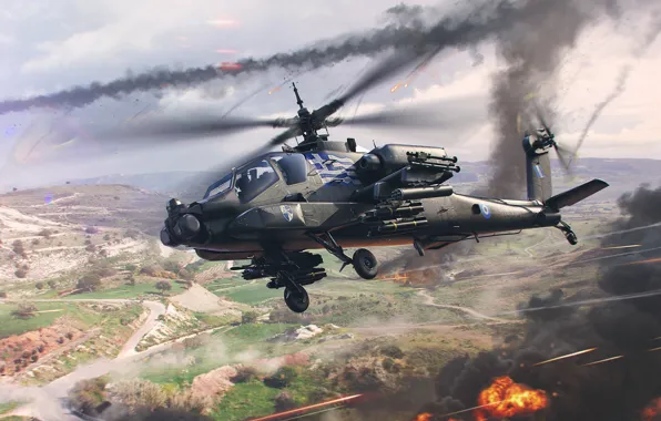 Картинка Игра, Дым, Огонь, Вертолет, США, Game, War Thunder, AH-64A Apache