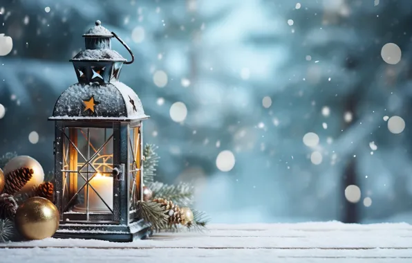 Картинка зима, снег, украшения, ночь, Новый Год, Рождество, фонарь, light