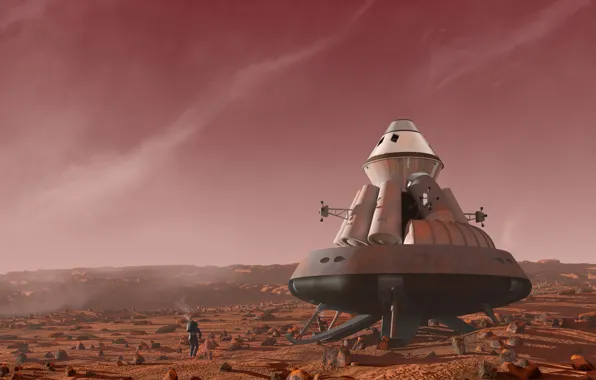 Spaceship, astronaut, argosy landscape. planet