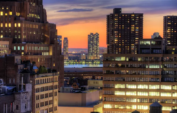 Картинка город, здания, дома, Нью-Йорк, небоскребы, вечер, крыши, USA