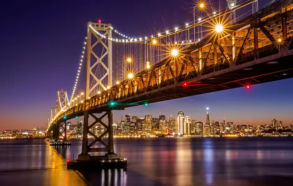 Картинка ночь, город, огни, пролив, вечер, подсветка, залив, Сан-Франциско