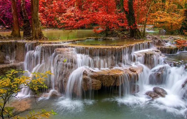 Картинка осень, вода, природа, река, камни, водопад, красиво, каскады
