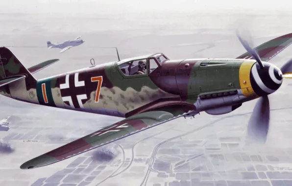 Картинка war, art, painting, aviation, ww2, german fighter, Bf 109 K4