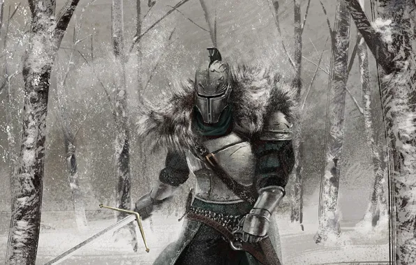Картинка зима, лес, снег, меч, доспехи, арт, рыцарь, Dark Souls 2