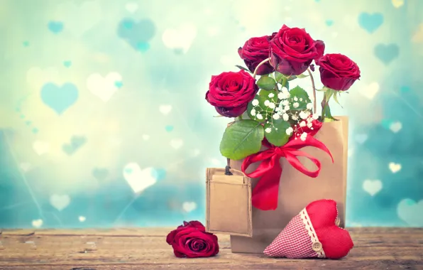 Картинка сердце, розы, пакет, День Святого Валентина, гипсофила