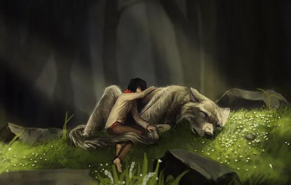 Картинка лес, девушка, природа, волк