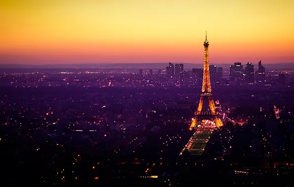 Картинка огни, Франция, Париж, Эйфелева башня, сумерки