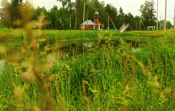 Трава, здание, Река, природа.