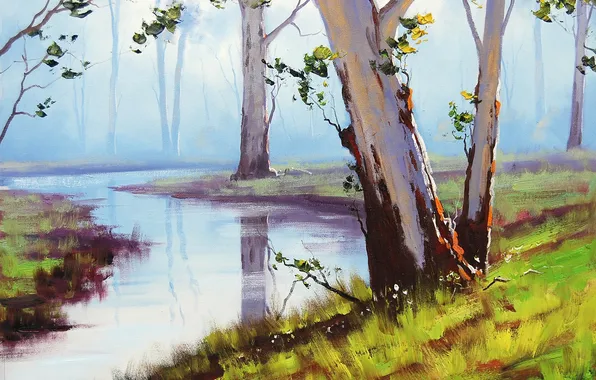 Картинка листья, деревья, природа, река, landscape, artsaus, Australian арт