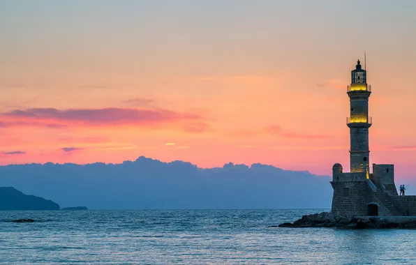 Море, пейзаж, закат, Crete, Chania Lighthouse