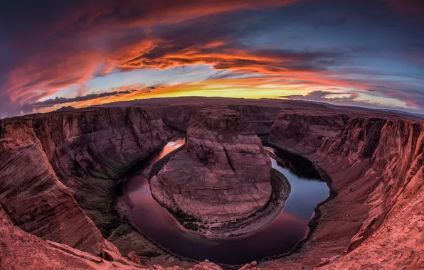Картинка река, вечер, Колорадо, каньон, Аризона, США, штат, Подкова (Хорсшу-Бенд)